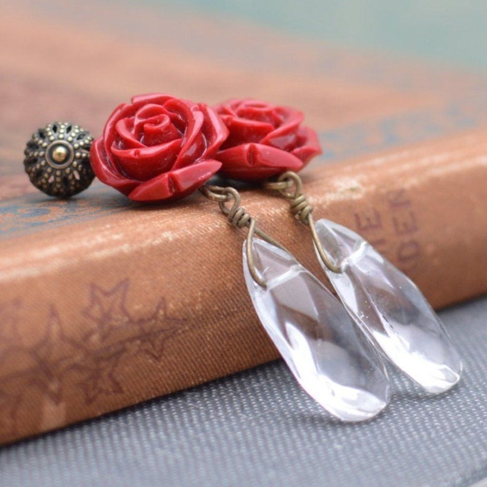 Red Rose Earrings with Teardrop Bead